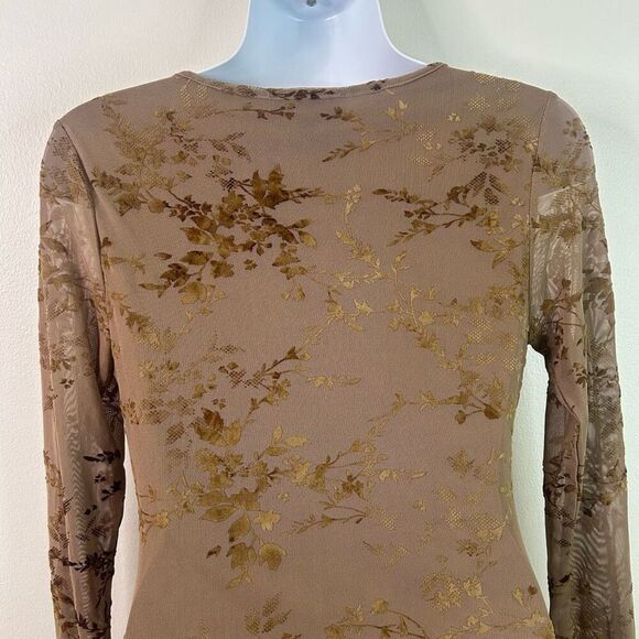 Francesca’s Brown Whimsigoth Floral Mesh Midi Dress Long Sleeve Velvet‎ Size S - Picture 8 of 14